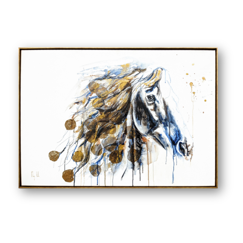 golden and blue equine artwork with natural look and real leaves