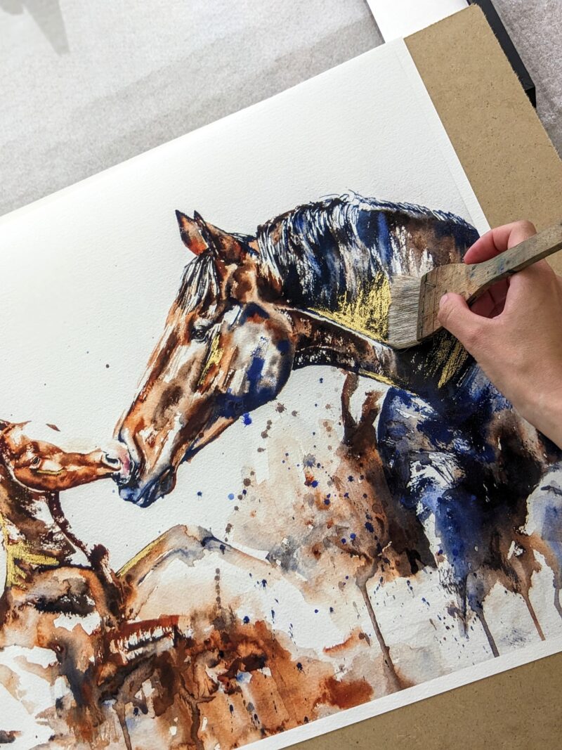 gold print fine art print mother and foal hand embellished gold inlay