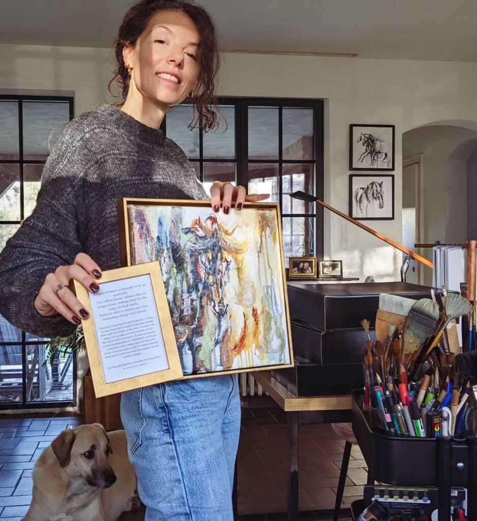 Marjo Lebbe artist in her atelier with new painting