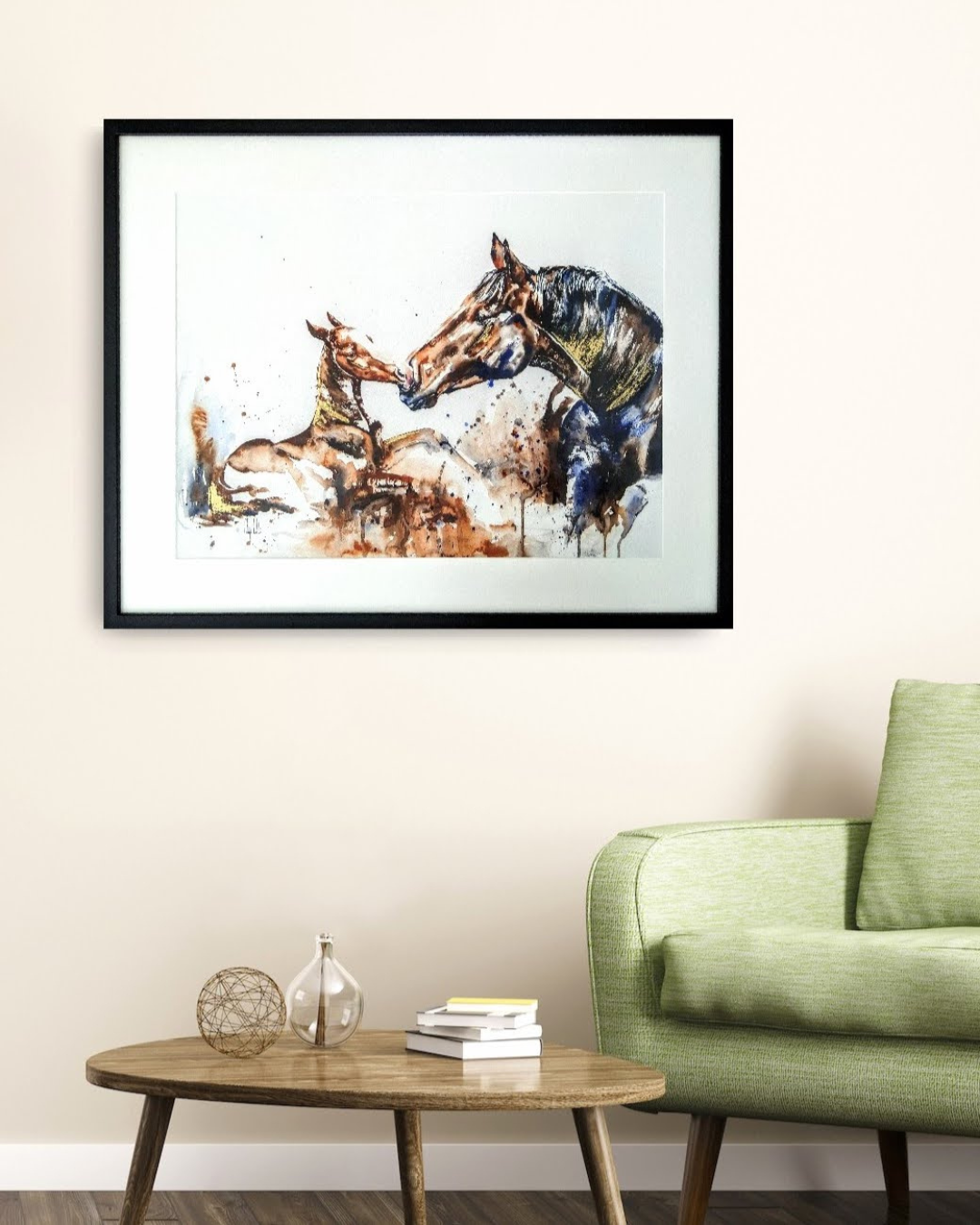 Fine art print ‘Mother and foal’, fine art print van een paardenaquarel door Marjo Lebbe